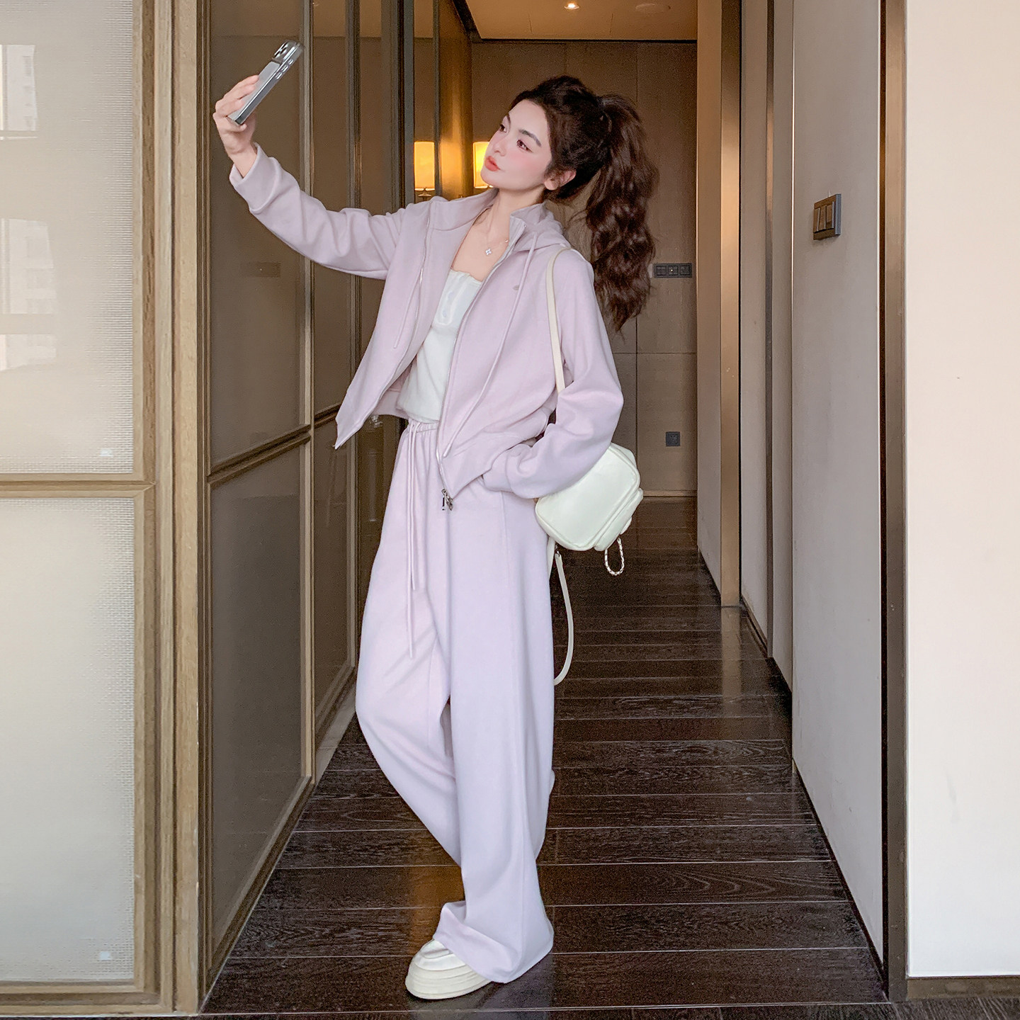 粉色连帽拉链卫衣外套裤子两件套装女春秋超好看减龄休闲运动穿搭