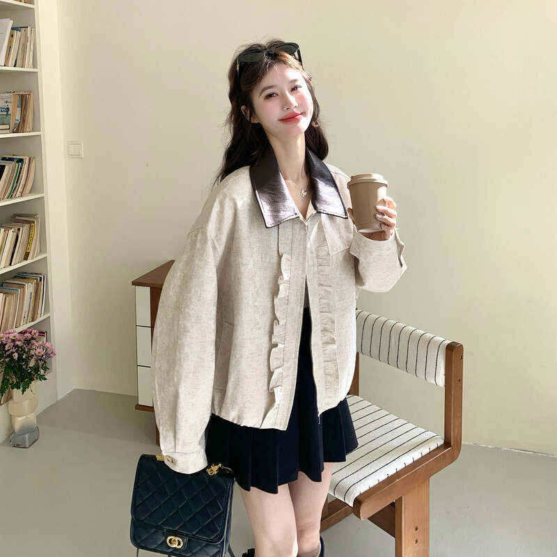 千金感撞色翻领木耳边夹克外套女春秋2026新款设计感洋气绝美上衣