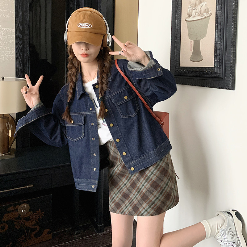 深蓝色短款牛仔外套女春秋新款韩版复古小众设计休闲夹克上衣
