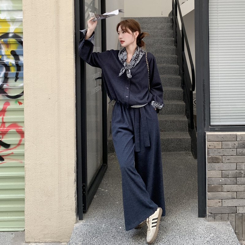 复古宽松v领上衣阔腿裤套装女