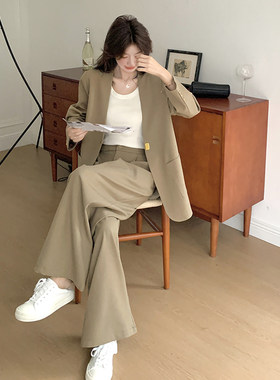 慵懒风休闲无领西装套装2026新款女春秋简约韩版气质阔腿裤两件套