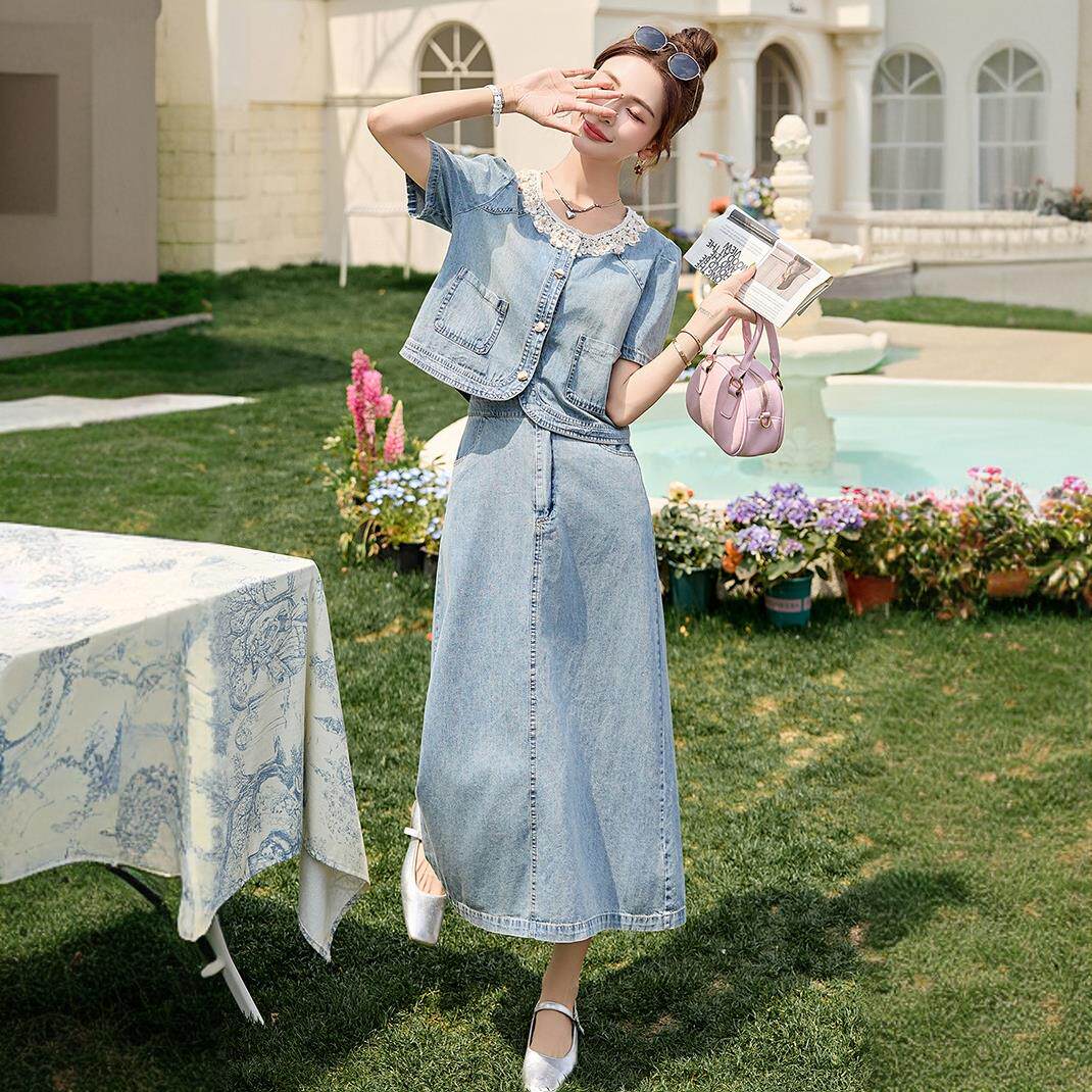 薄款牛仔套装连衣裙女夏季复古钉珠绣花时尚薄外套半身裙两件套潮