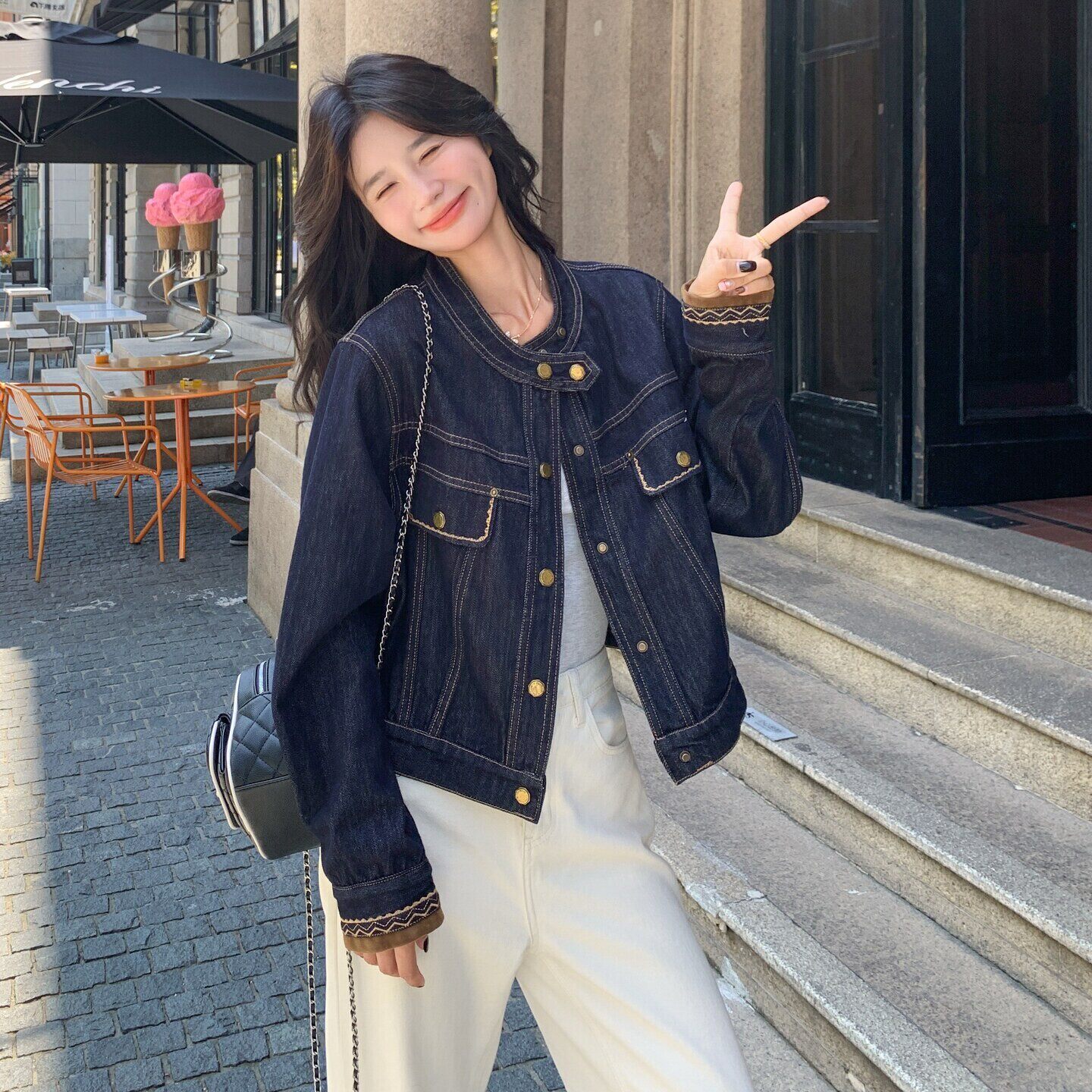 韩版复古短款牛仔外套女2026秋季新款超好看撞色拼接宽松休闲夹克