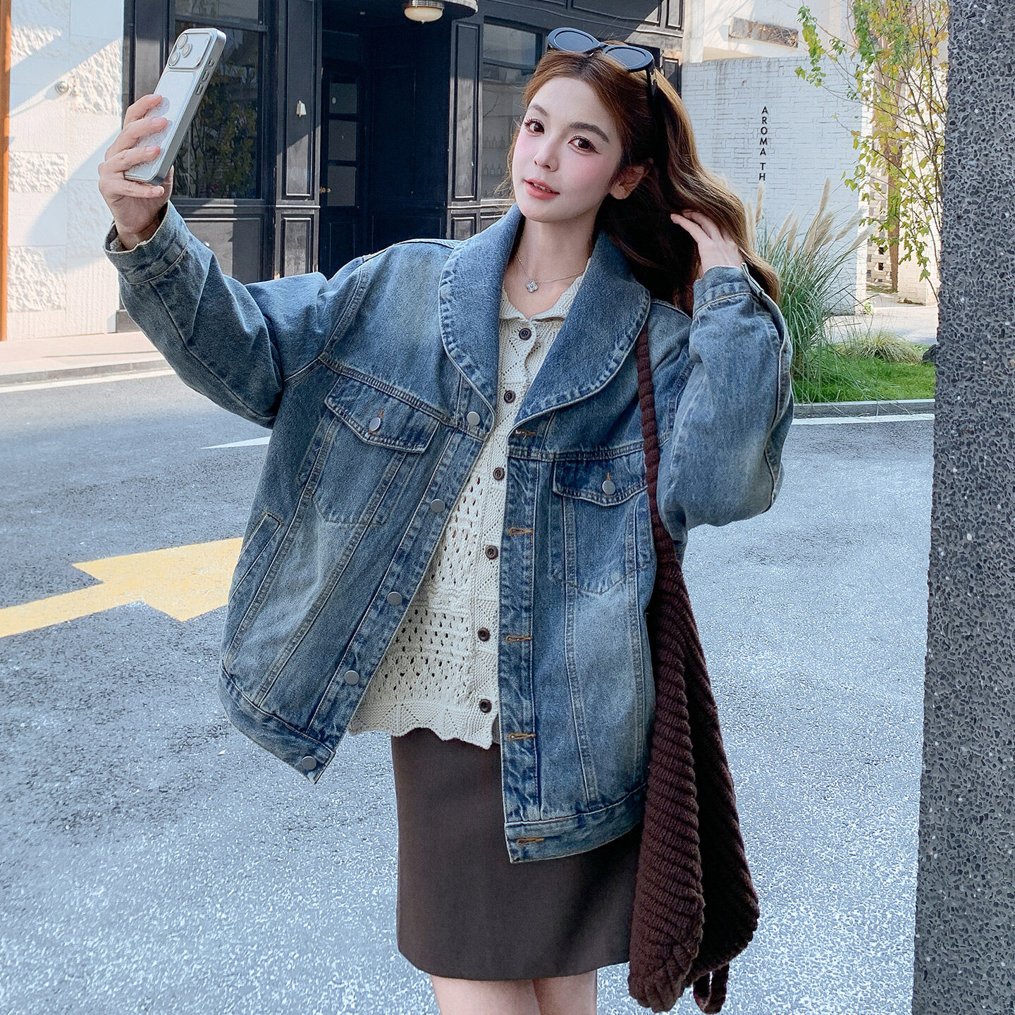 复古港风做旧牛仔外套夹克上衣女