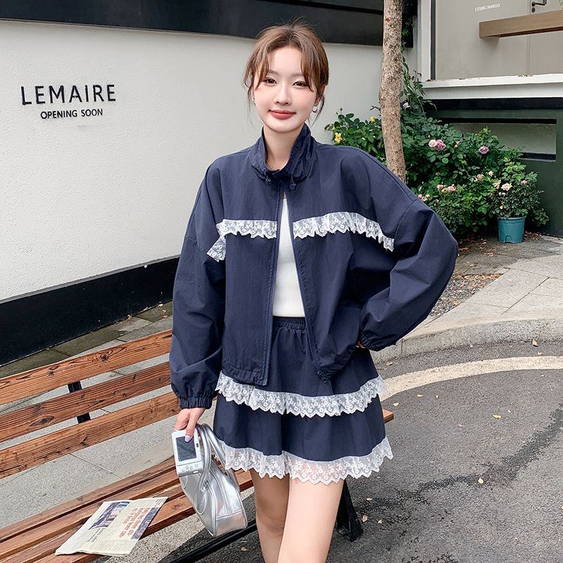 蕾丝拼接甜美休闲运动套装短裙女春秋装立领开衫外套半身裙两件套