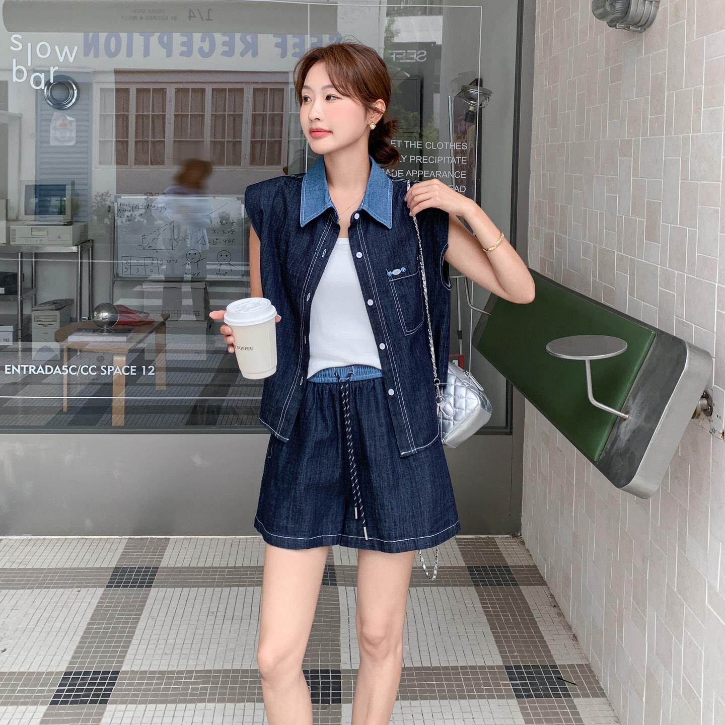 轻熟风无袖牛仔衬衫工装套装裙夏轻薄时尚洋气小个子半身裙两件套