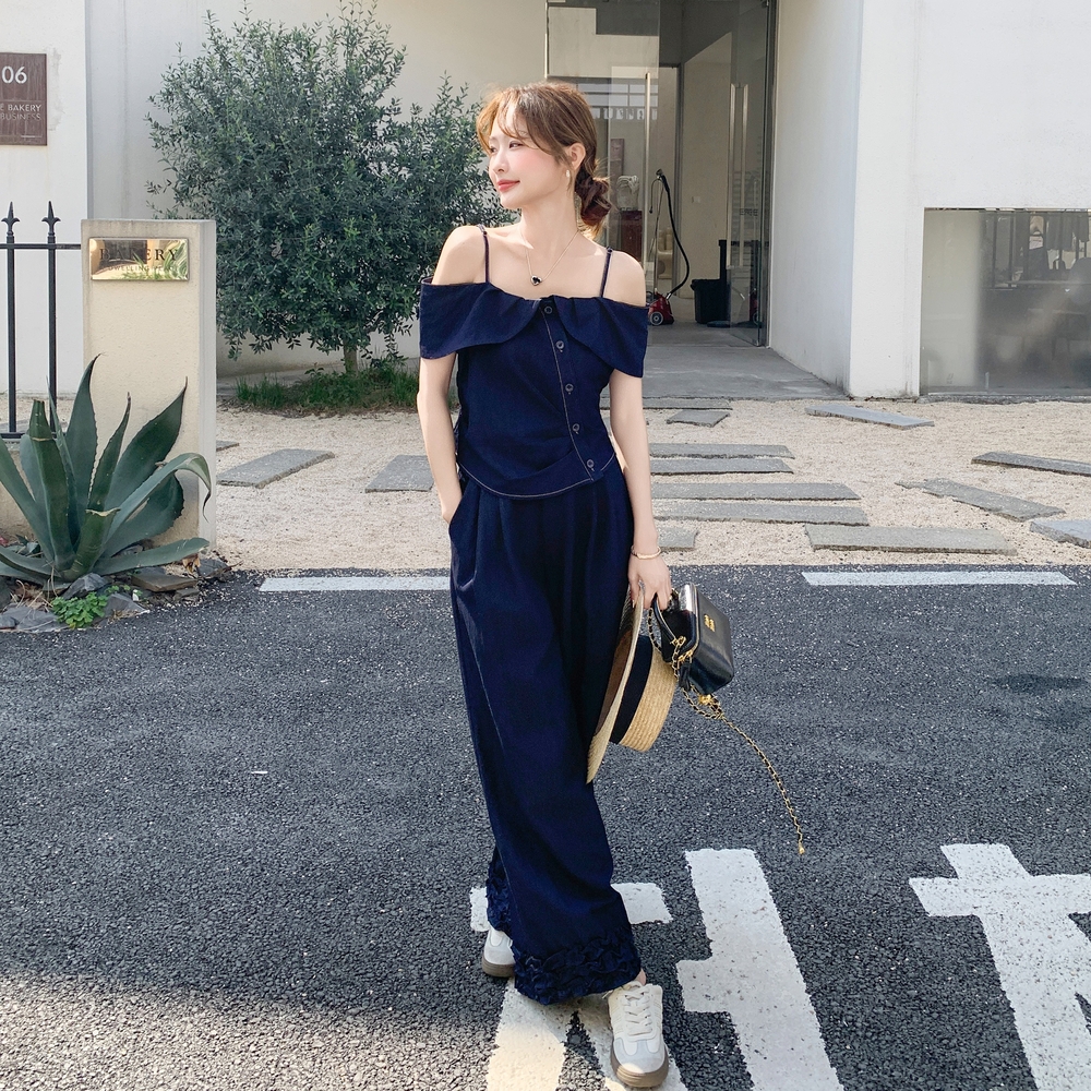 减龄一字肩牛仔吊带上衣阔腿裤套装女夏新款爆款高级感显瘦两件套