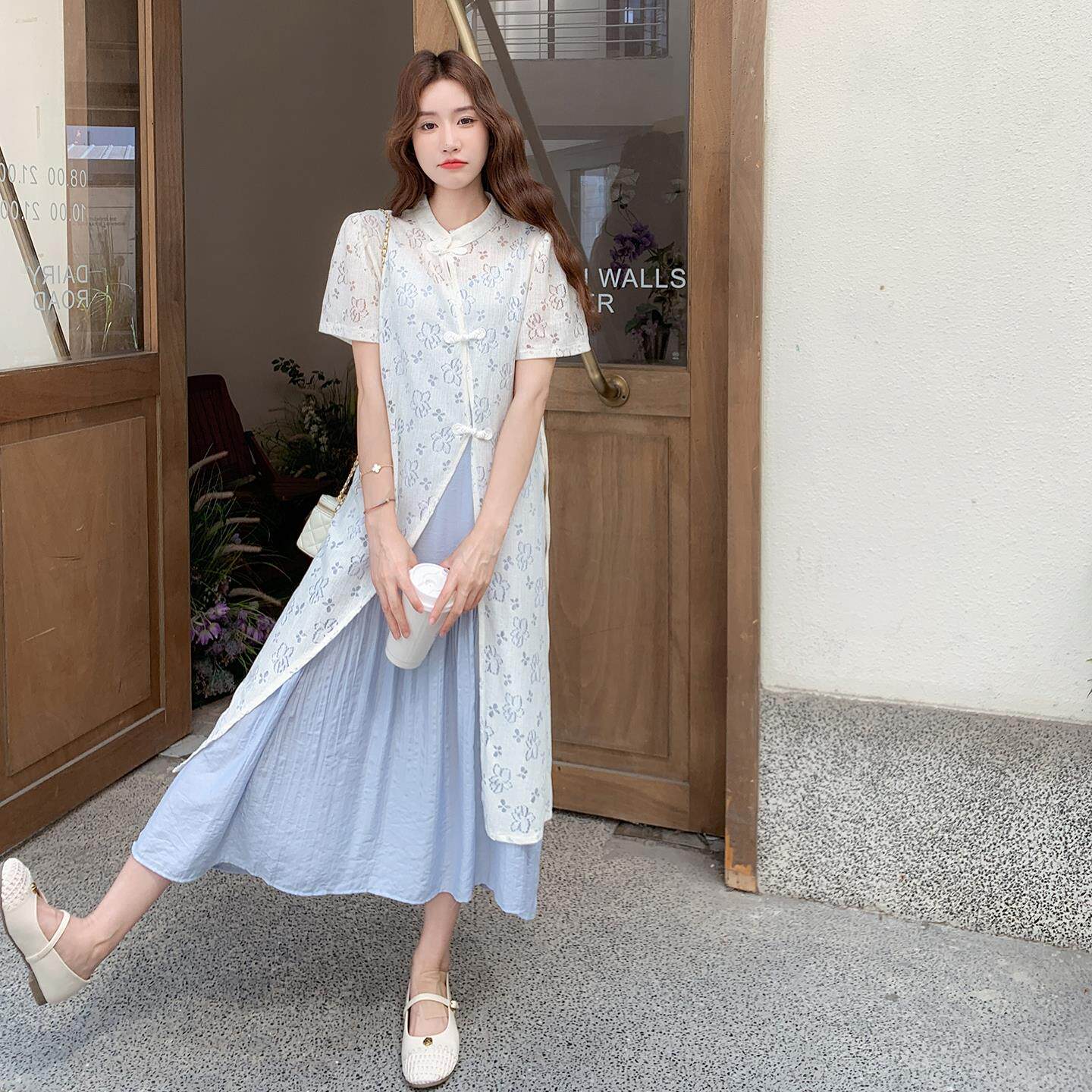 新中式国风叠穿蕾丝上衣吊带裙两件套女夏季新款小众设计感长裙子