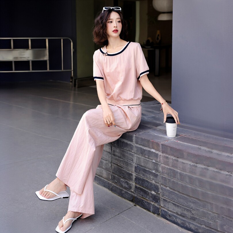 欧货休闲运动套装女夏季新款简约圆领拼接短袖宽松阔腿长裤两件套