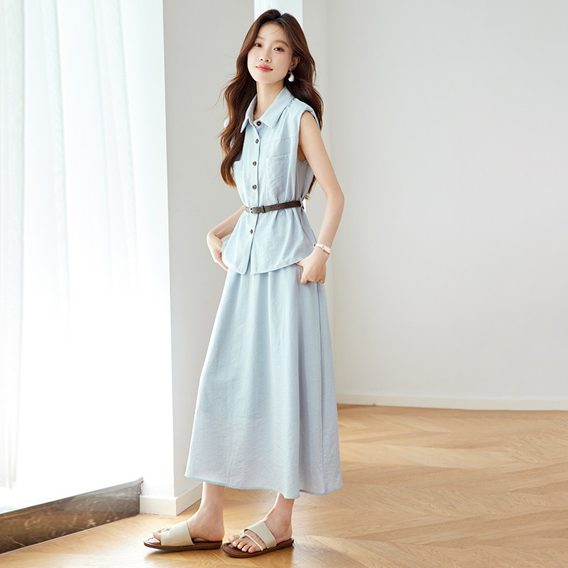 盐系轻熟高级感夏日穿搭时尚套装女无袖衬衫上衣高腰半身裙两件套