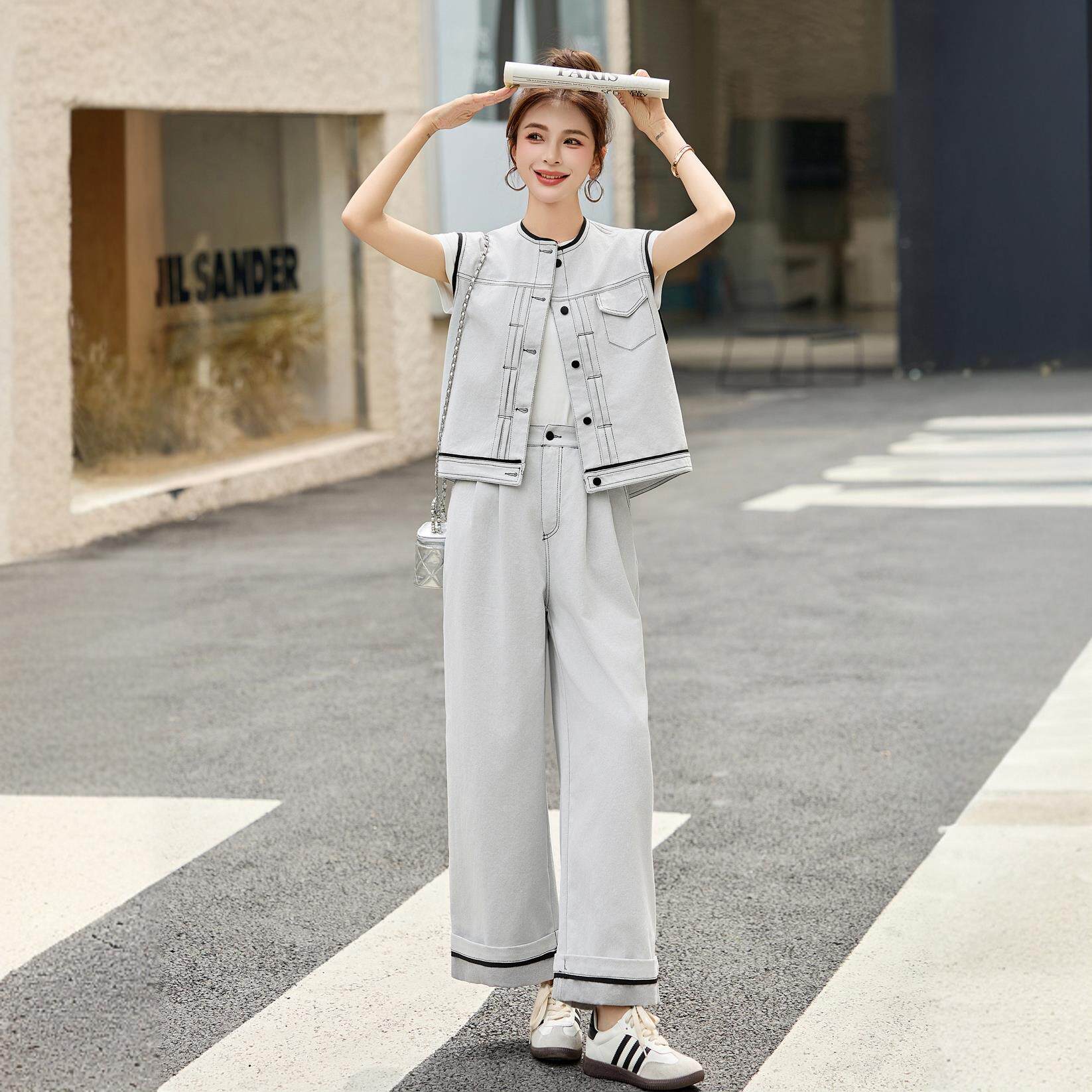 设计感复古牛仔马甲背心套装盐系穿搭阔腿裤两件套老钱风气质显瘦
