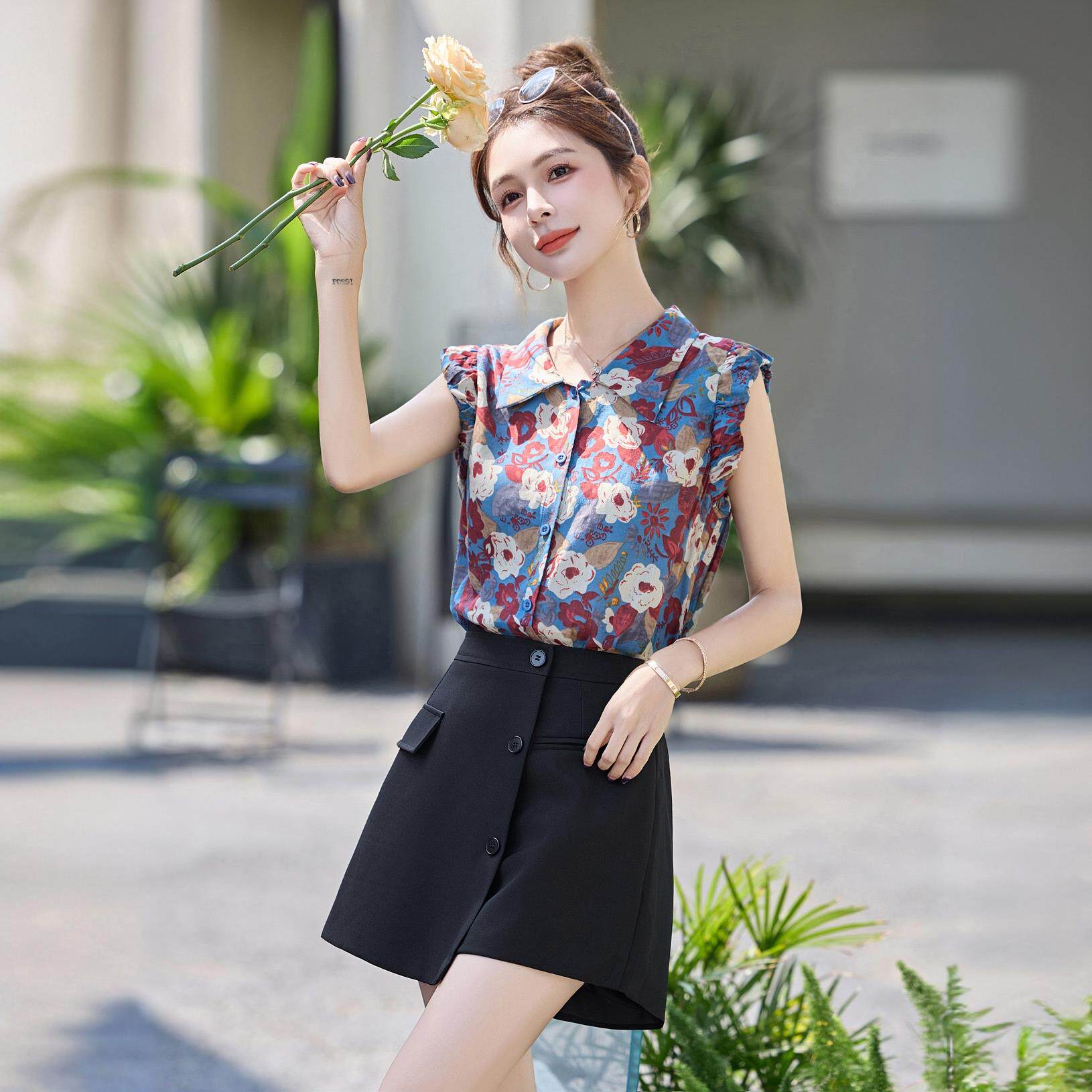 港风碎花短袖衬衫搭配A字短裙裤套装女夏装减龄通勤半身裙两件套