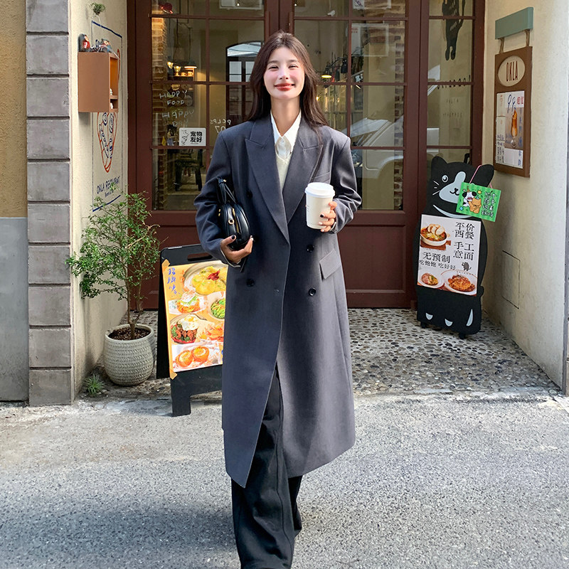 高级感气质休闲西装风衣外套女春秋减龄宽松显瘦正肩长款过膝西服