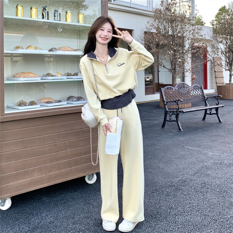 慵懒风假两件卫衣套装女春秋撞色连帽阔腿裤休闲运动小个子套装