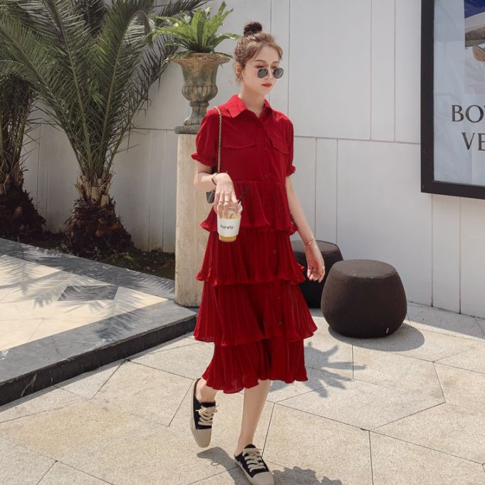 超仙森系初恋风衬衫连衣裙女夏新款小众设计感气质显瘦中长蛋糕裙