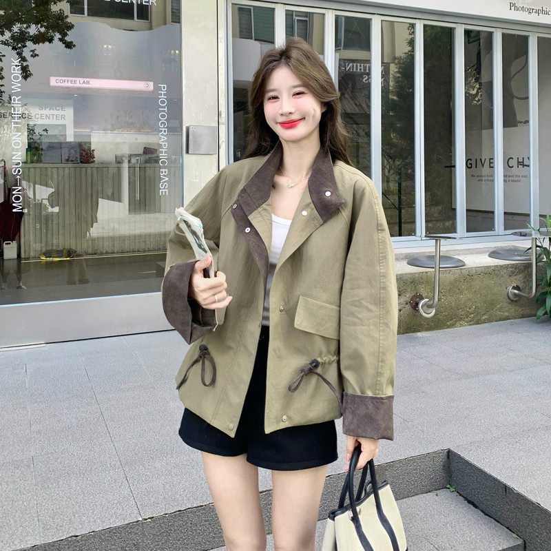 工装风长袖翻领撞色拼接风衣女