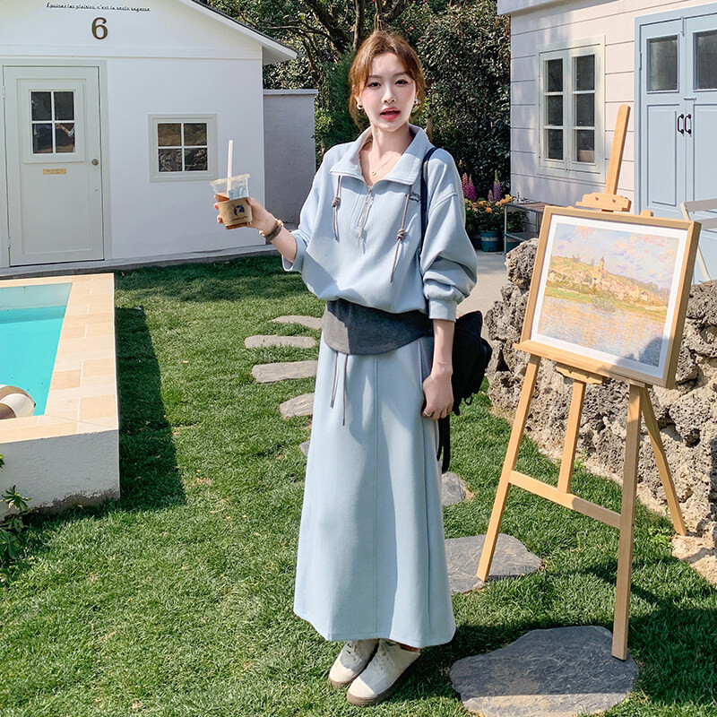 纯色拼接长袖立领上衣半身裙套装