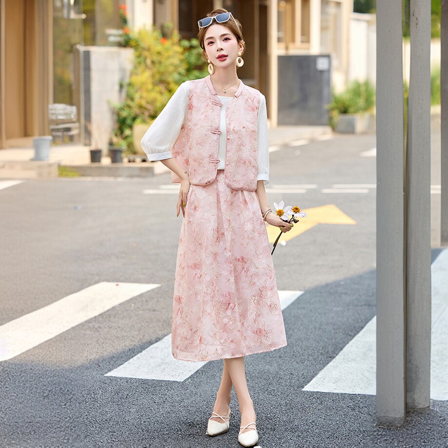 新中式国风盘扣马甲半身裙三件套女夏时尚小衫一整套搭配套装长裙