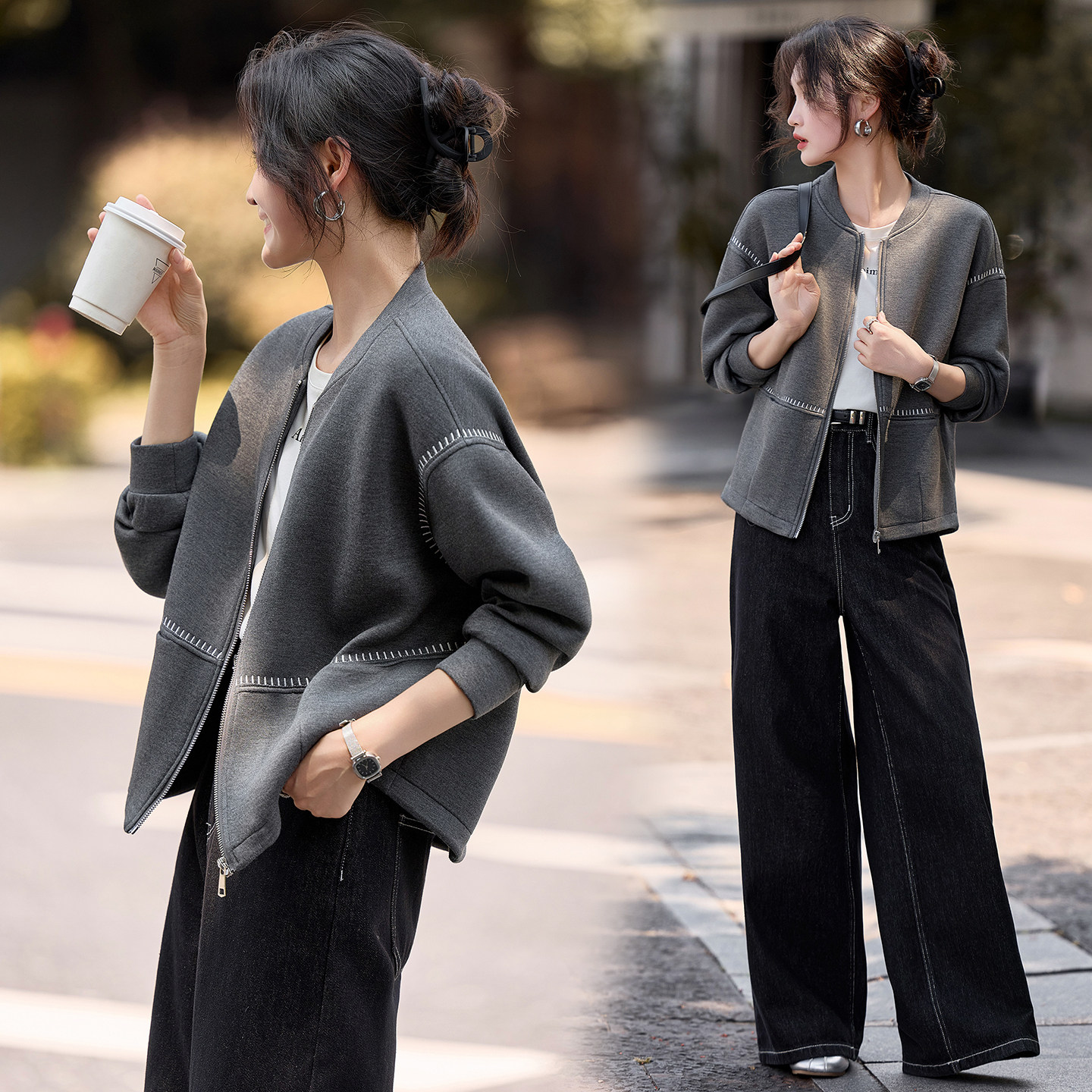 2026年秋季新款时尚个性拼接棒球服女小个子设计感圆领休闲外套