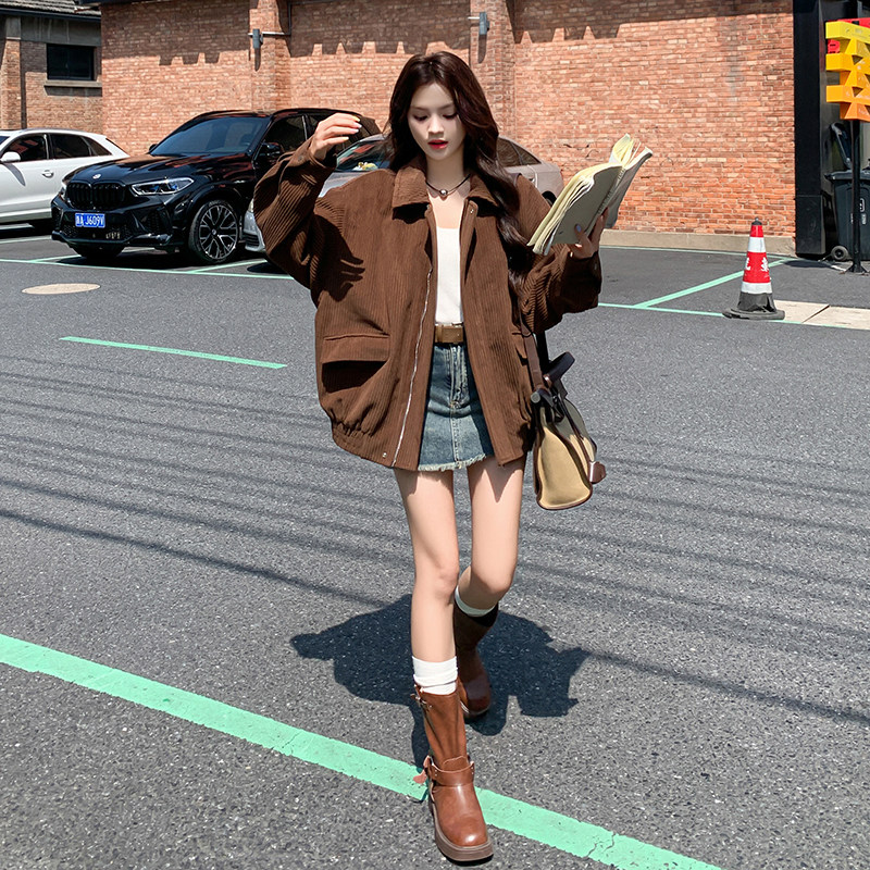 美拉德咖色棒球服短款夹克外套女