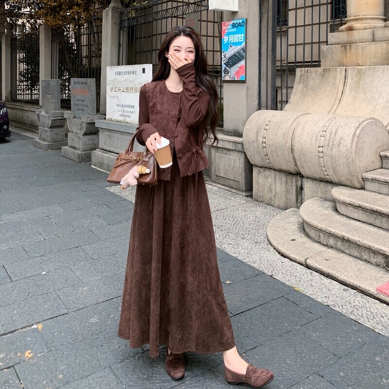 美拉德咖色工装马甲连衣裙套装女