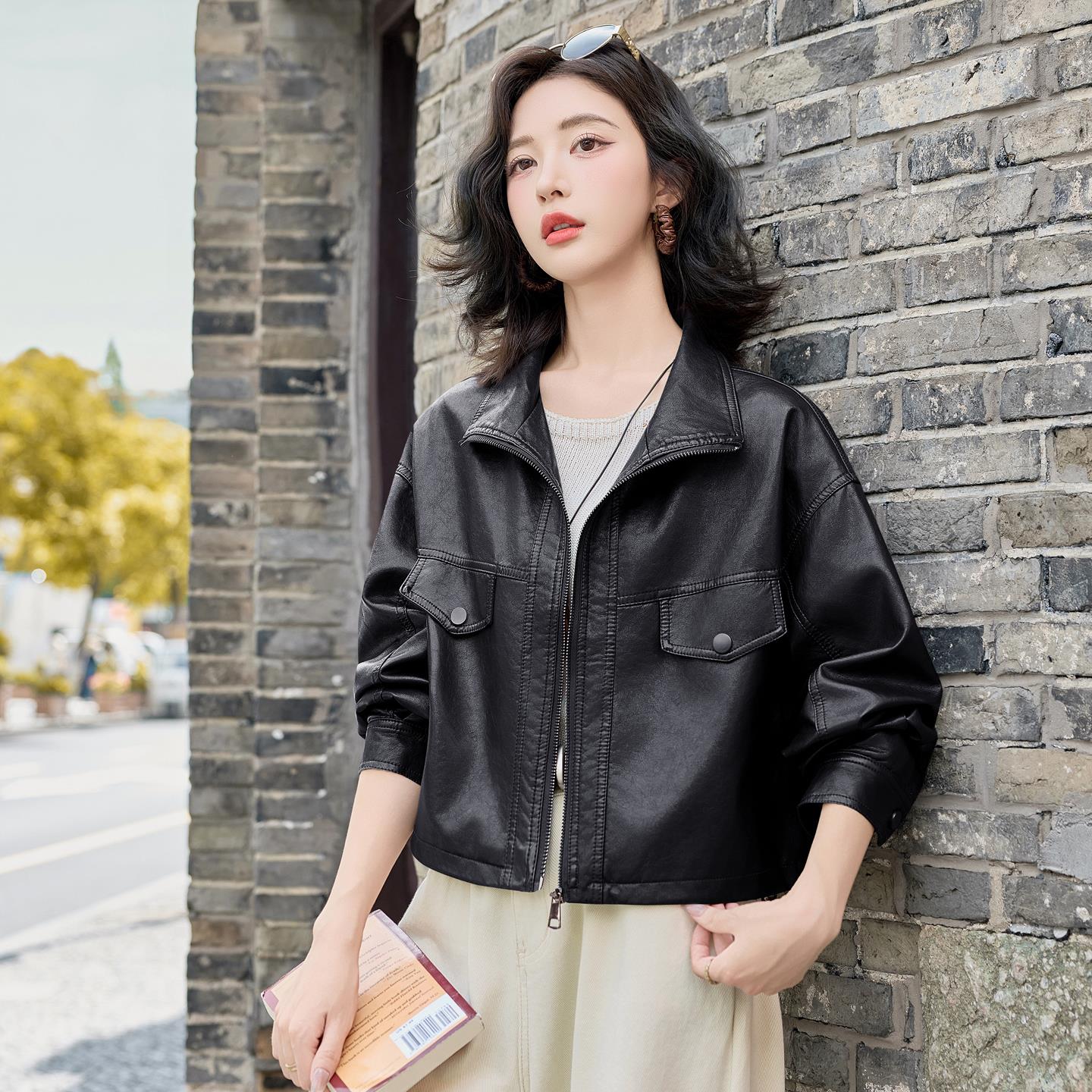 复古港风皮衣外套显瘦宽松春秋新款小个子短款PU皮机车服夹克上衣