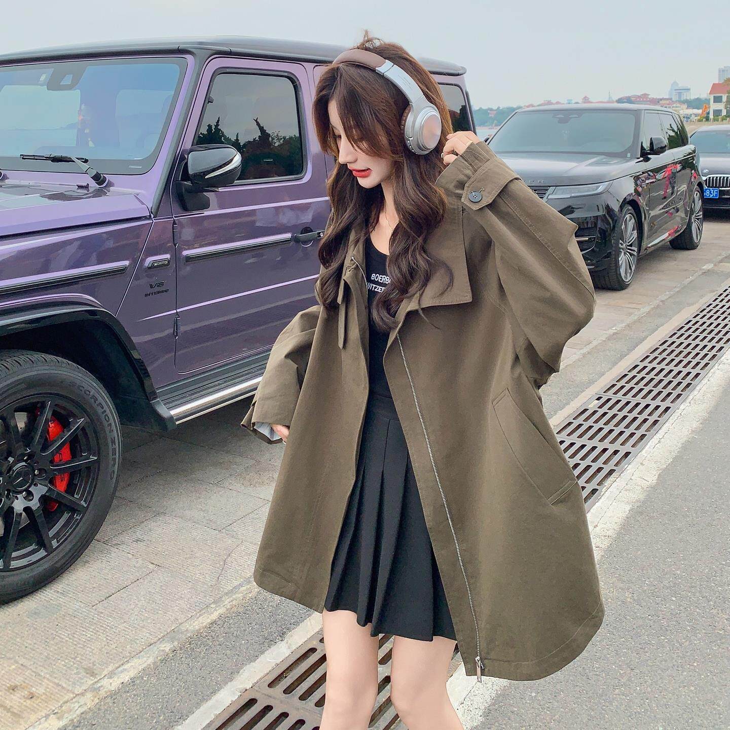 卡其绿工装连帽长袖风衣外套女2025春秋新款韩版小个子短款大衣潮