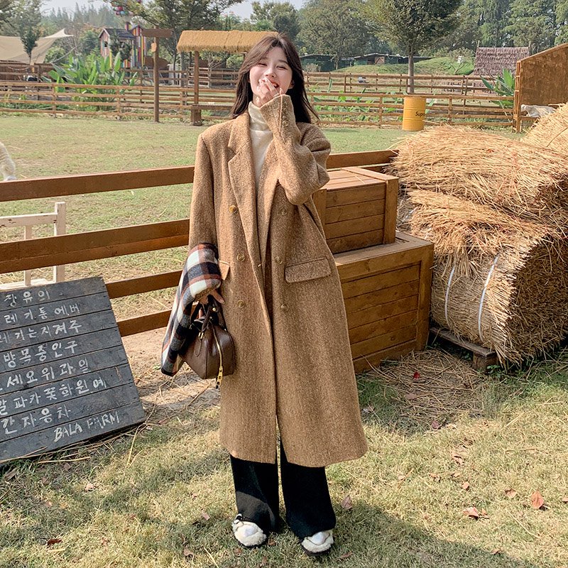 韩系宽松过膝长款呢子大衣女秋冬新款高级感双排扣西装领毛呢外套