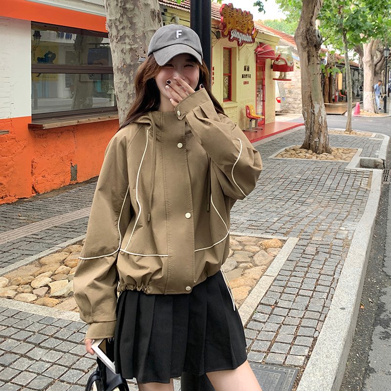 休闲连帽夹克短外套女春秋韩版设计感宽松百搭休闲小个子宽松上衣