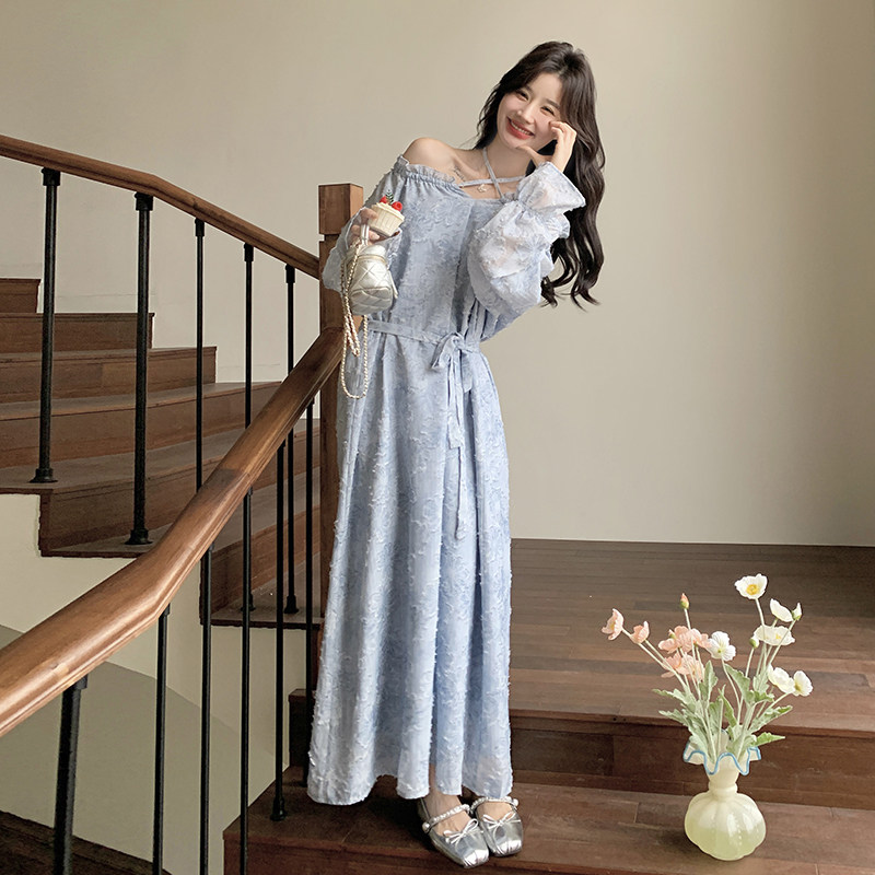 法式浪漫蓝色连衣裙女2025年秋季新款高级感温柔风精致提花长裙子