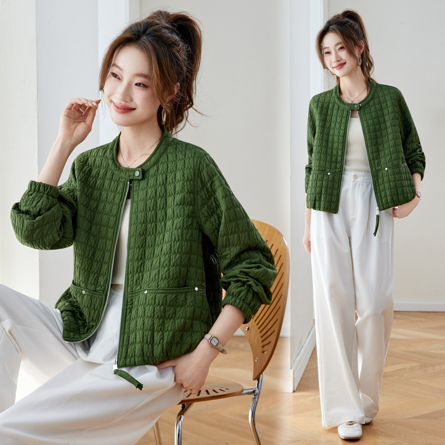 时尚菱格纹圆领棒球服外套女春秋小个子休闲宽松大码中年妈妈40岁