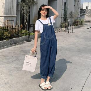 网红减龄休闲薄款牛仔背带裤套装女夏装新款两件套小个子老爹裤潮