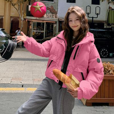 荧光绿冲锋衣短款羽绒服女冬季新款独特超好看加厚面包服工装外套