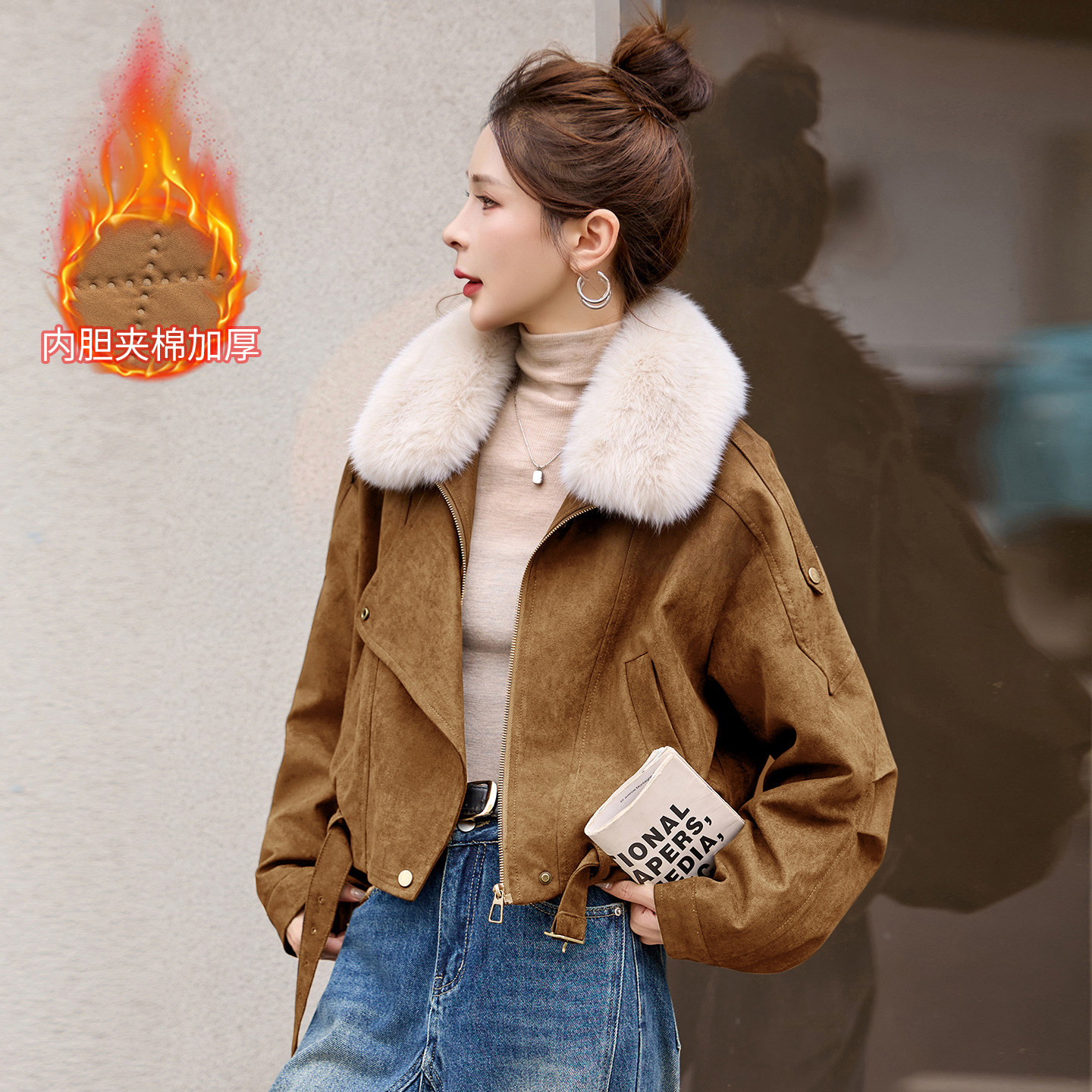 复古休闲毛领夹棉加厚麂皮绒外套女短款冬季新款洋气保暖棉服夹克