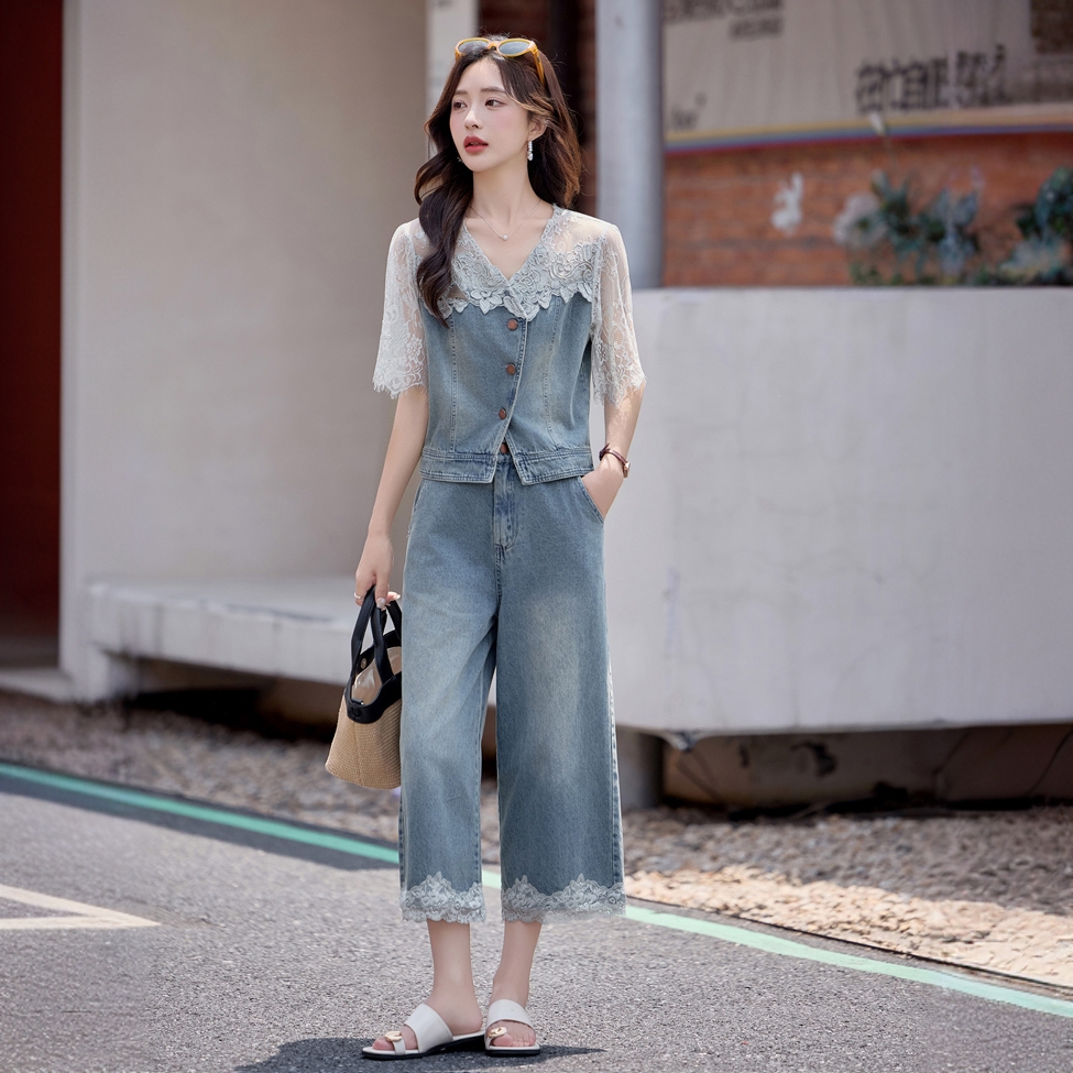时尚休闲炸街牛仔九分裤套装女夏季洋气显瘦蕾丝马甲阔腿裤两件套