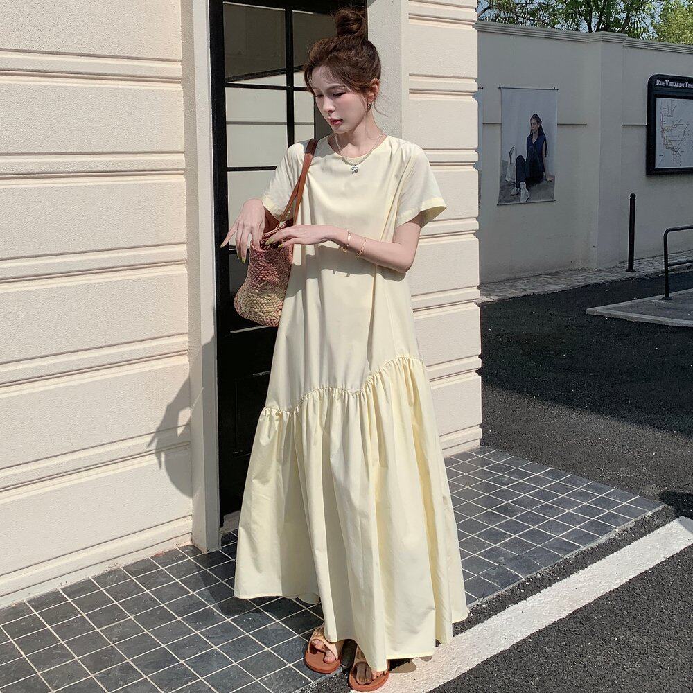 法式温柔风黄色连衣裙女夏季新款慵懒松弛感宽松显瘦气质鱼尾长裙