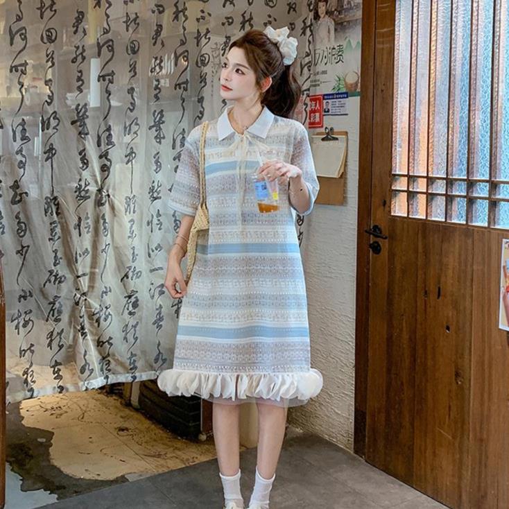 甜美彩虹色条纹系带短袖连衣裙女夏新款宽松减龄少女感慵懒中长裙