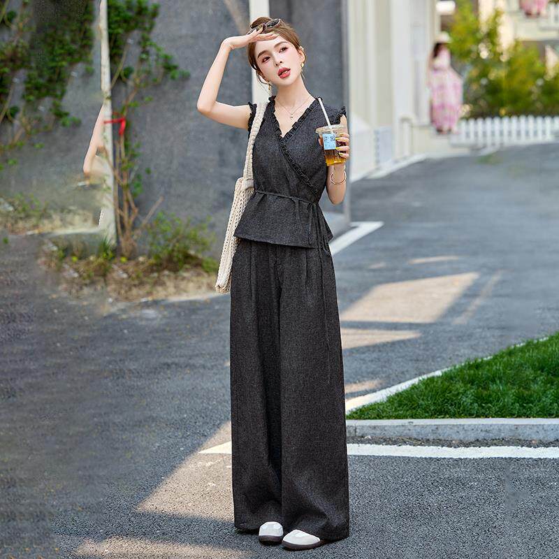 高级感一整套穿搭V领收腰马甲套装女夏新款通勤减龄阔腿裤两件套