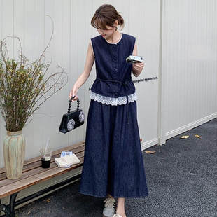 高级感薄款蕾丝花边牛仔马甲半身裙套装三件套夏季薄款穿搭一整套