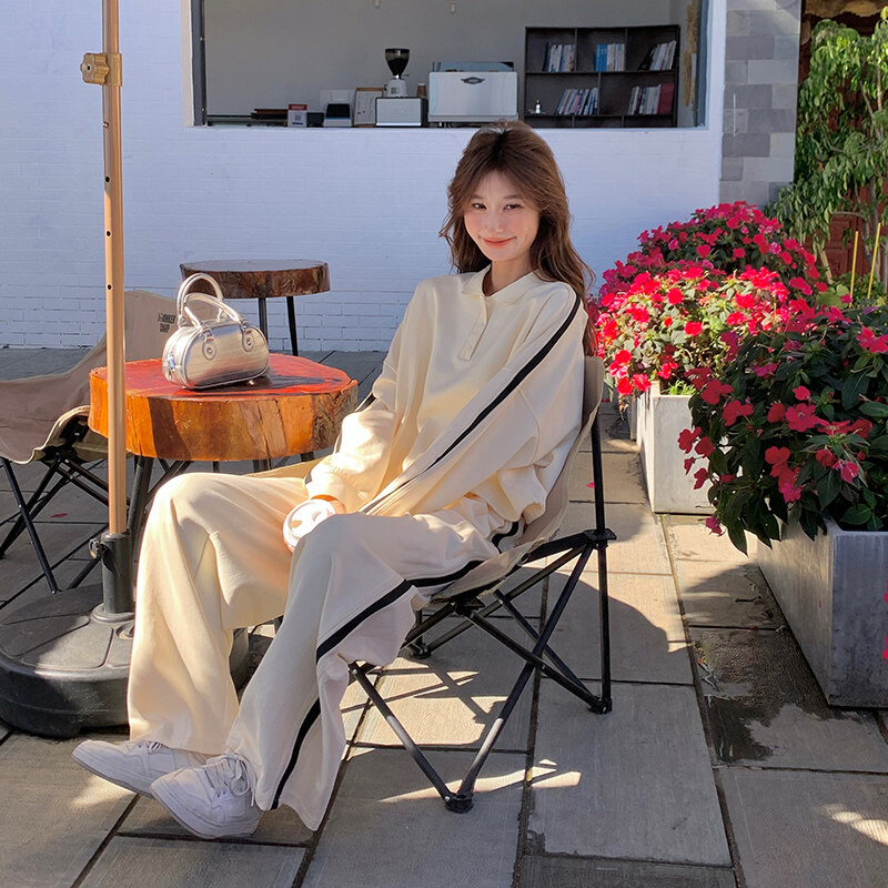 撞色条纹休闲卫衣长裤套装女