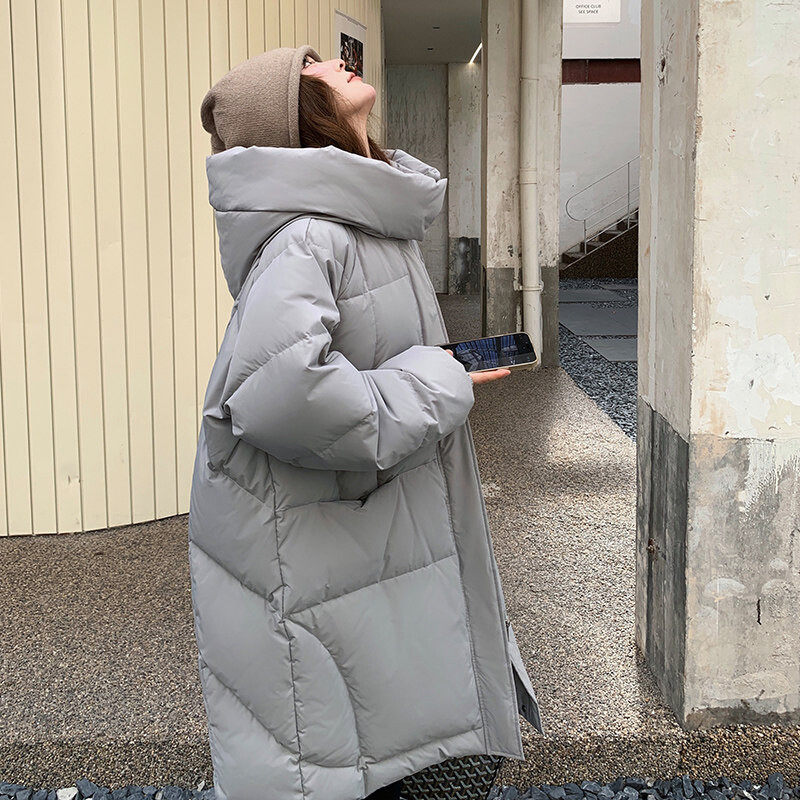 灰色韩版宽松连帽白鸭绒羽绒服外套女冬新款中长小个子加厚面包服