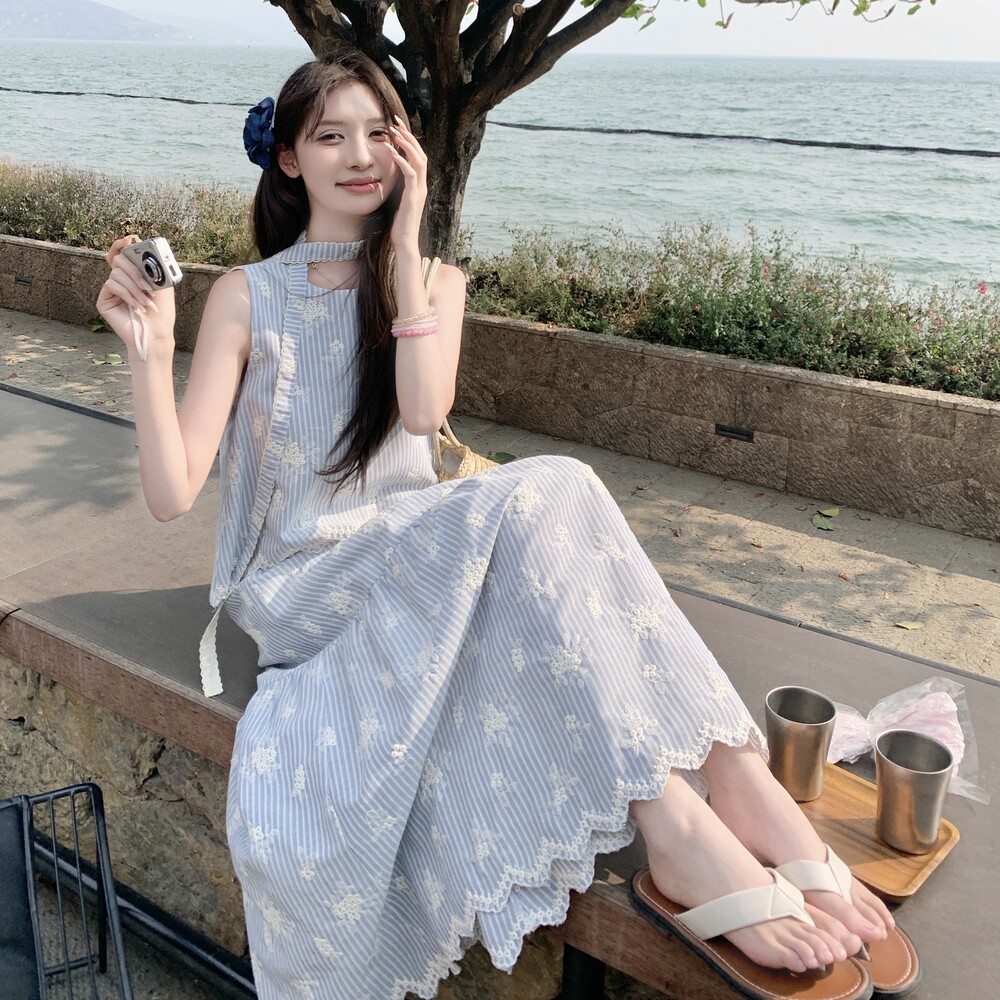 温柔风韩系甜美减龄绣花无袖开衫上 衣搭配半身裙两件套女夏套装