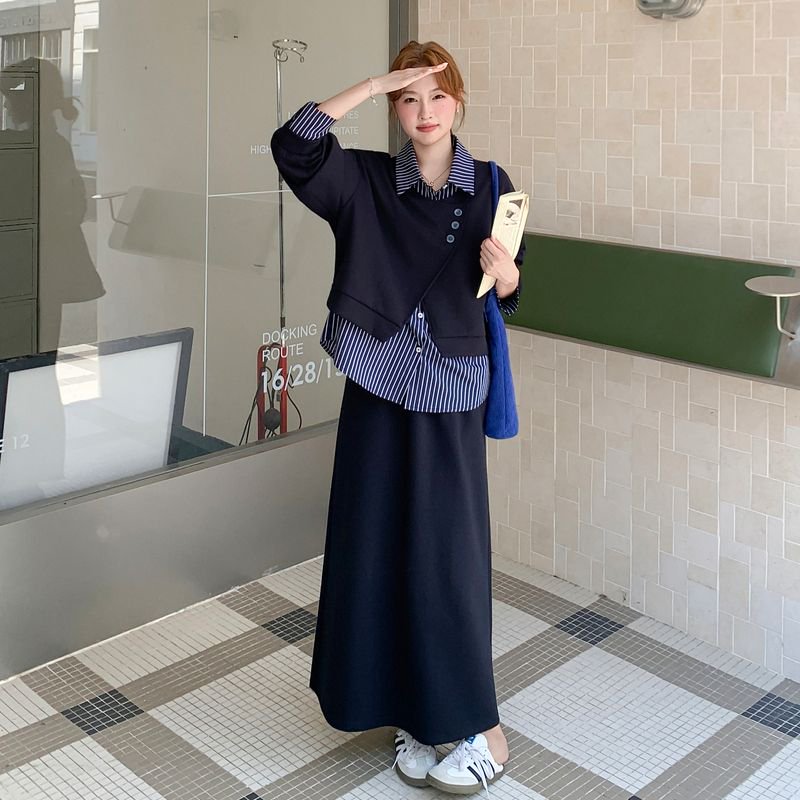 慵懒风假两件条纹衬衫拼接卫衣套装长裙秋季韩系减龄半身裙两件套