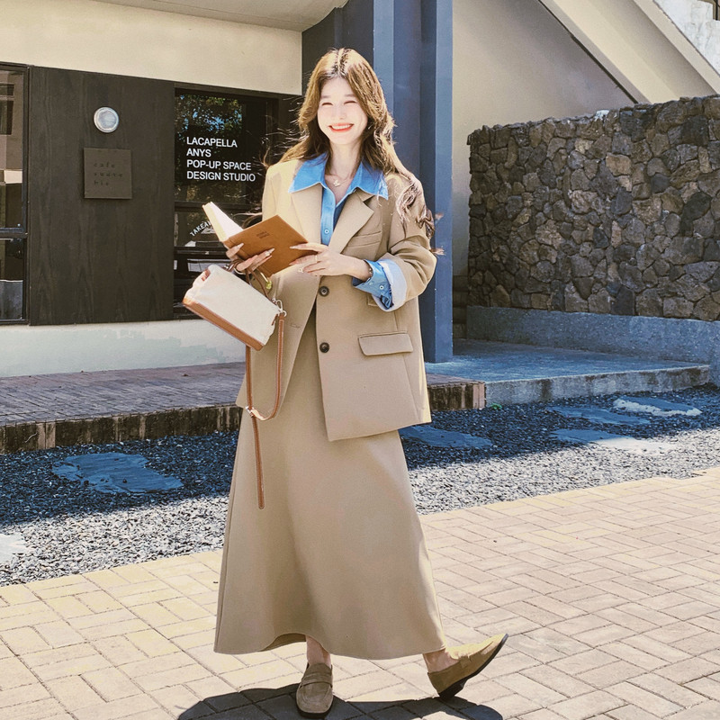 衬衫西装领长袖外套半身裙套装女