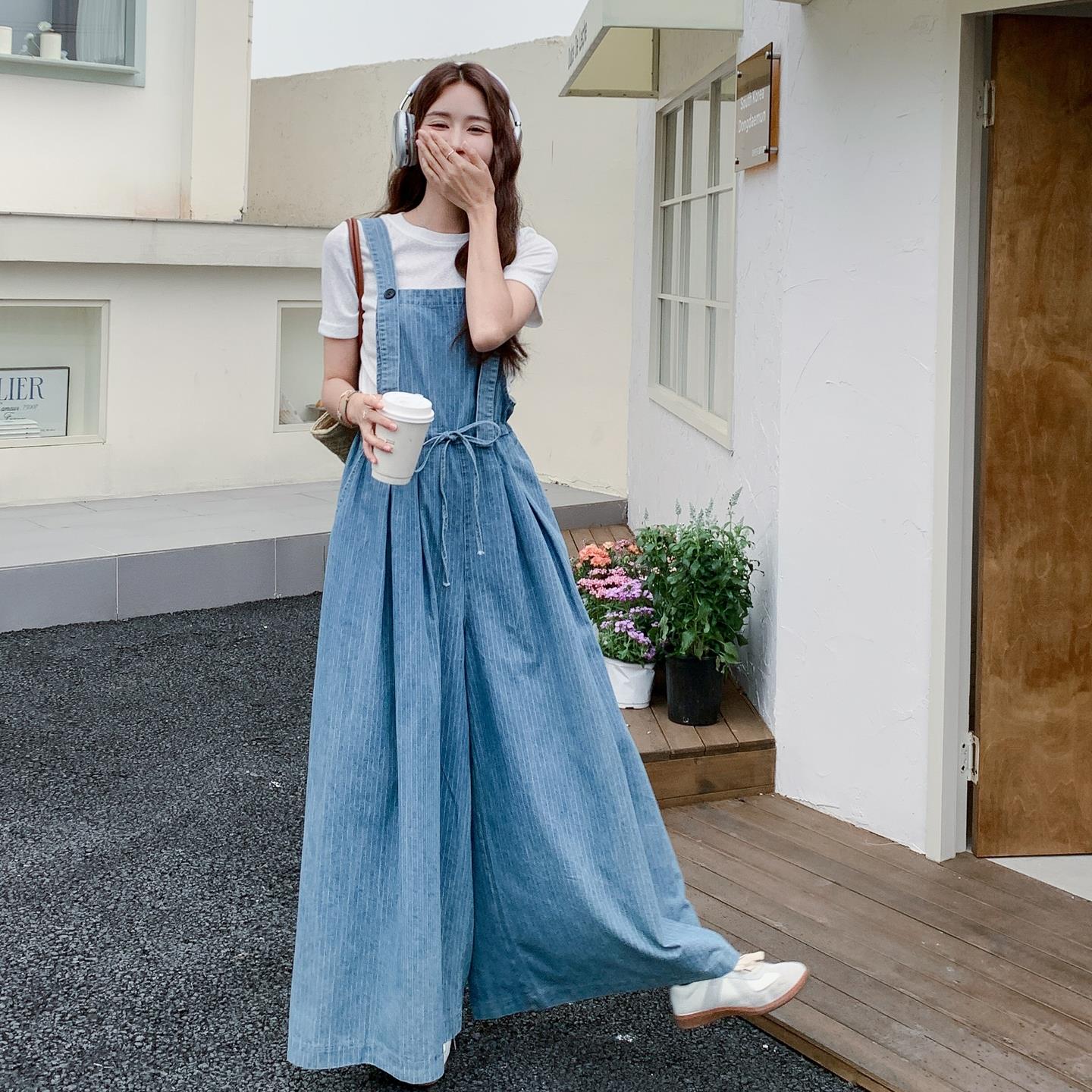 慵懒风T恤薄款竖条纹背带裤两件套女夏新款韩里韩气减龄显瘦套装