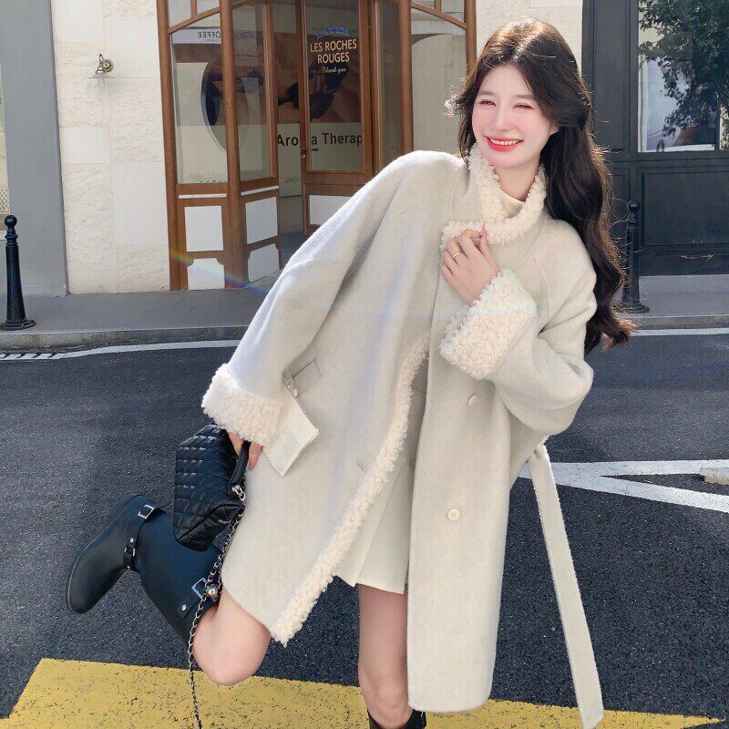 温柔韩系羊羔毛拼接双面呢大衣女2026冬季新款中长款系带毛呢外套