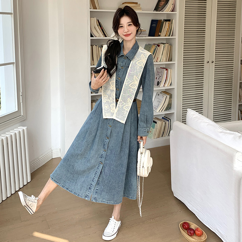 蓝色韩系休闲牛仔连衣裙女2025春秋新款蕾丝披肩收腰A字裙两件套