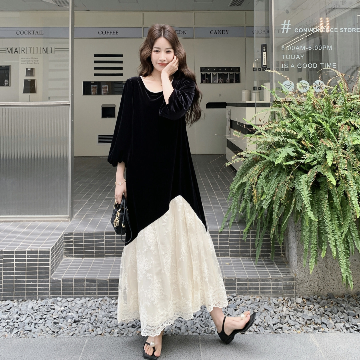 韩版气质显瘦梨型身材长袖连衣裙女2025春撞色网纱拼接优雅长裙子