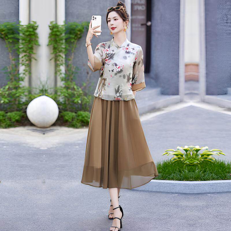 新中式改良旗袍汉服禅意套装连衣裙女夏中国风日常茶服两件套长裙