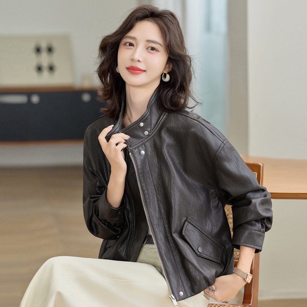 立领短款皮衣外套女春秋新款流行爆款小个子时尚港风洋气夹克上衣